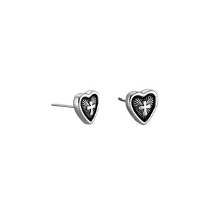 Retro oxidized silver heart studs with embossed cross and radiant lines for men and women