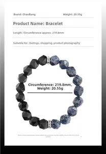 Dettaglio del bracciale in agata blu e perle nere con specifiche di peso e misura