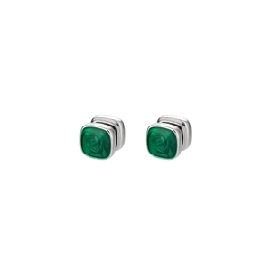 Vintage silver square earrings with deep green swirling enamel inlay for men and women