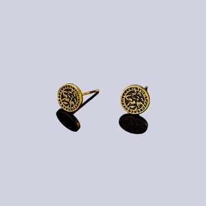 Retro wolf head stud earrings with Nordic runes in a vintage gold finish for men