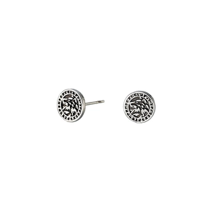 Retro wolf head stud earrings with Viking runes design in vintage silver finish