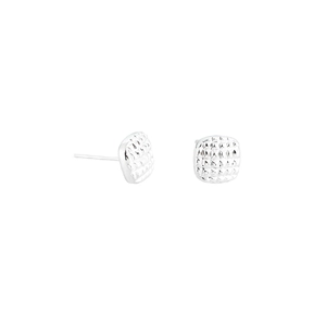 Pair of square silver stud earrings featuring a geometric textured prism lattice pattern