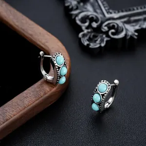 Vintage Copper Inlaid Artificial Turquoise Ear Buckles Ethnic Style Unisex Hoop Earrings Retro Silver Plated Jewelry Gift