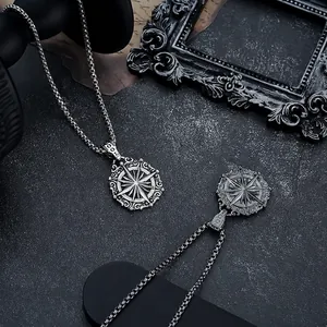 Collier Pendentif Boussole Vintage pour Hommes Femmes Amulette en Acier Titane Étoile Viking Médaille Ronde Bijoux Rétro