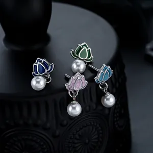 Lotus Flower Ear Studs Titanium Steel Enamel Artificial Pearl Pendant Retro Oriental Style Jewelry For Women