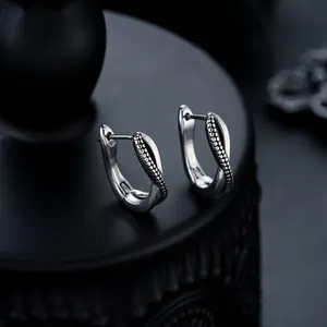 Vintage Stainless Steel Twist Hoop Earrings Beaded Textured Cross Ear Buckle Retro Unisex Fashion Jewelry Silver Color