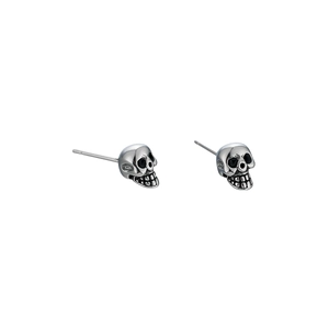 Punk style skull stud earrings in polished silver finish with vintage black details