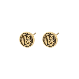 Vintage matte gold Fu character stud earrings with traditional auspicious cloud pattern