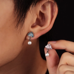 Lotus flower stud earrings with pearl pendants in blue and pink enamel finish
