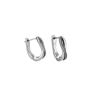 Vintage silver twisted hoop earrings with polished finish and black beaded texture details