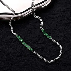 Emerald Green Zirconia Stainless Steel Necklace For Men Women Minimalist Inlaid Geometric Cuban Link Jewelry Accessory
