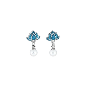 Vintage silver lotus earrings with blue enamel petals and dangling white pearls