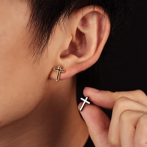 Polished cross stud earrings for men and women in silver and gold finish with black inlay