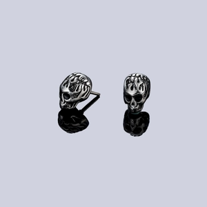 Vintage skull stud earrings with flame texture engraving on dark silver stainless steel