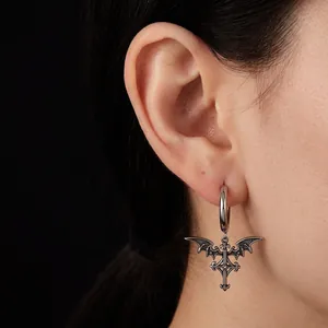 Gothic Stainless Steel Angel Wing Cross Hoop Earrings For Men Women Punk Dark Style Rhinestone Pendant Earring Jewelry