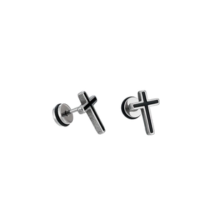 Minimalist silver cross stud earrings with black center and industrial screw back design