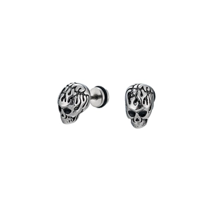 Gothic skull stud earrings in vintage black stainless steel with flame carving for men