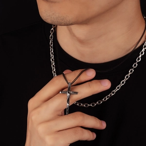 Double layered cross pendant necklace for men with black and silver chain design