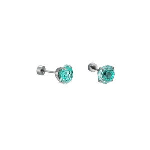 Light green four-claw mint gemstone stud earrings in polished silver metal finish