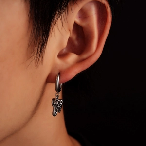 Punk style silver dinosaur skull drop earrings for men and women with vintage metal finish