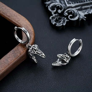 Vintage Punk Stainless Steel Dinosaur T-Rex Skull Hoop Earrings For Men Women Gothic Antique Silver Animal Bone Jewelry