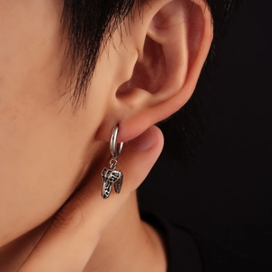 Retro silver snake head hoop earring with punk skull charm for men and women