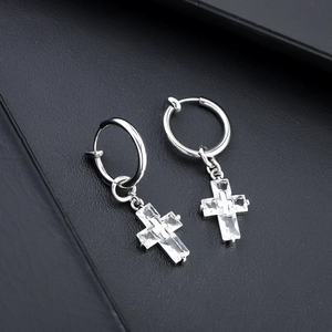 Boucles d'Oreilles à Clip Croix en Acier au Titane Unisexe Zirconia Incrusté Pierre Carrée Style Punk Dark Bijoux Sans Perçage