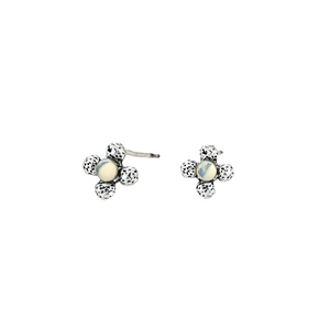 Cross shaped moonstone stud earrings with vintage silver texture and floral design