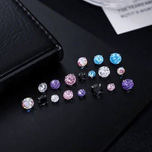 F136 titanium stud earrings with round-cut multi-color cubic zirconia in prong setting