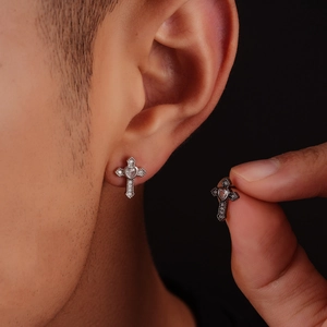 Cross heart earrings with zircon inlay in silver and black metal for men and women
