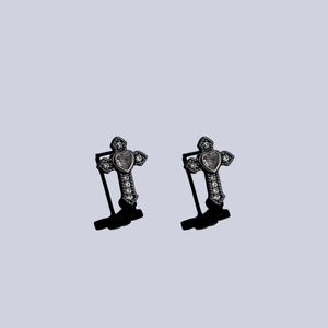Gothic black cross stud earrings with heart zirconia and paved crystals for men and women