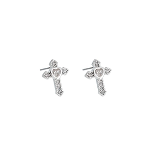 Silver heart cross stud earrings with zircon stones and micro-pave crystals on white