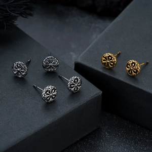 Cross embossed stud earrings in black silver and gold stainless steel for men and women