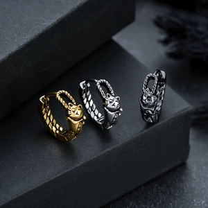 Vintage retro cat head hoop earrings in gold silver and black steel finishes