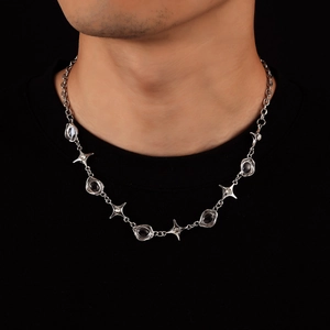 Irregular star zircon necklace with black beads and silver metal chain for men and women