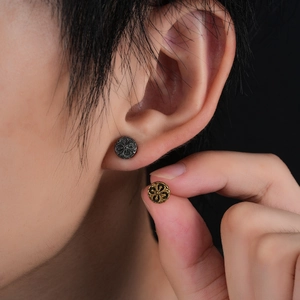 Retro Copper Cross Stud Earrings With Stainless Steel Post Gothic Relief Round Earrings For Men Women Unisex Jewelry