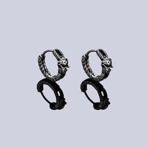 Retro dragon head hoop earrings in antique silver finish with detailed scale texture