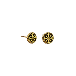 Retro cross stud earrings in gold and black metal finish with a gothic relief design