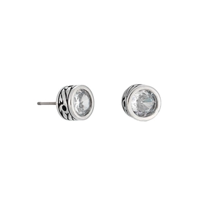 Polished silver zircon stud earrings featuring vintage black texture on a white background
