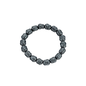 Deep grey hematite beaded bracelet featuring 18 detailed Buddha head charms with metallic gloss