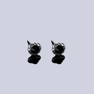 Mens fashion zircon stud earrings featuring black round gems and silver textured base