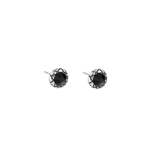Mens silver stud earrings with black zircon stone and engraved geometric pattern texture