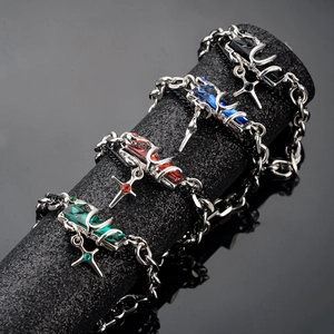 Punk-style snake and star chain bracelets with rectangle colorful gemstones and cross charms