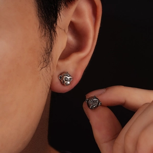 Retro silver monkey head stud earrings with vintage oxidized finish for men and women