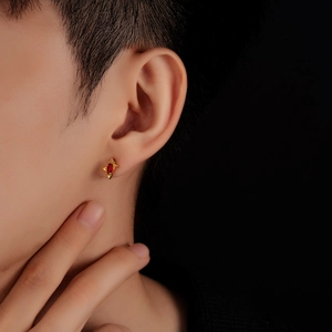 Star-shaped irregular gold stud earring with red marquise zircon gem for men and women