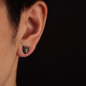 Realistic tiger head stud earring for men in gunmetal finish with cool industrial style