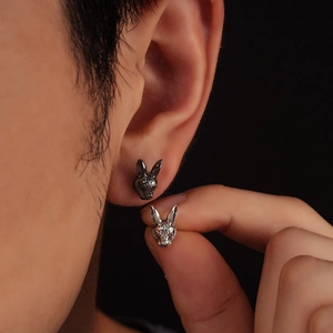 Minimalist rabbit stud earrings in silver and gunmetal finish for men and women