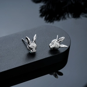 Vintage silver rabbit stud earrings with oxidized fur texture for men and women