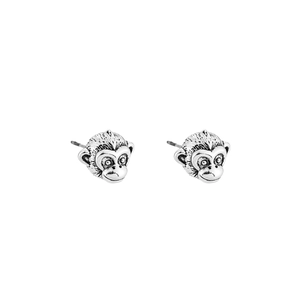Retro monkey head stud earrings in silver finish with vintage oxidized detailing