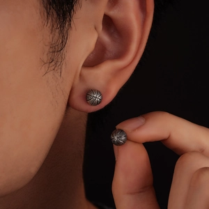 Retro silver basketball stud earrings for men with realistic sports texture